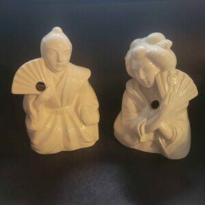 Pair Of Vintage Ceramic Japanese Geisha And Samurai Tiki Mugs Or Incense Burners